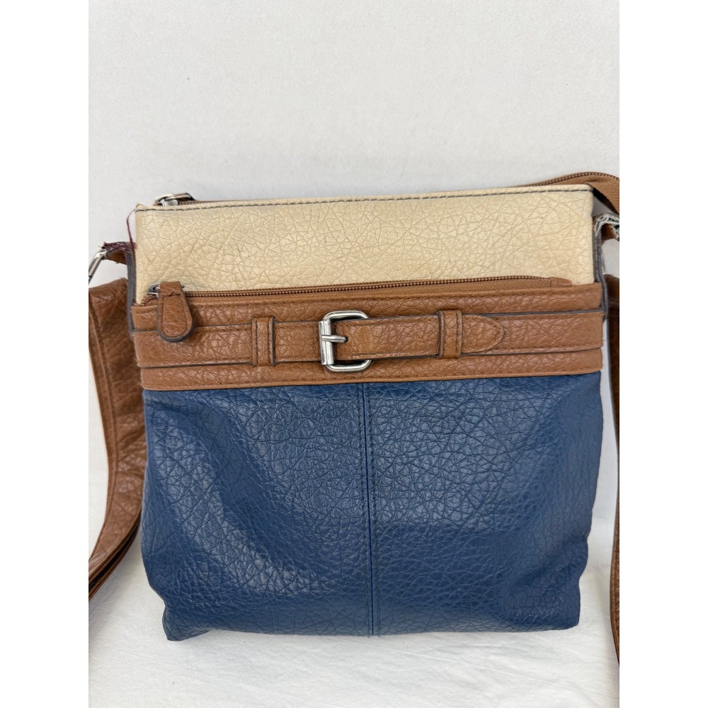 Style & Co Colorblock Crossbody Bag Navy Brown Cream Faux Leather Belted Detail - Picture 2 of 10